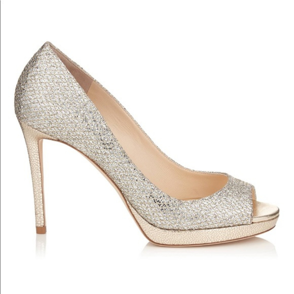 JIMMY CHOO Luna Champagne Gltter Peep Toe Size 38